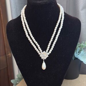 Vintage Avon Two-Strand Teardrop Crystal Cluster Pearl Pendant Necklace NIB N29